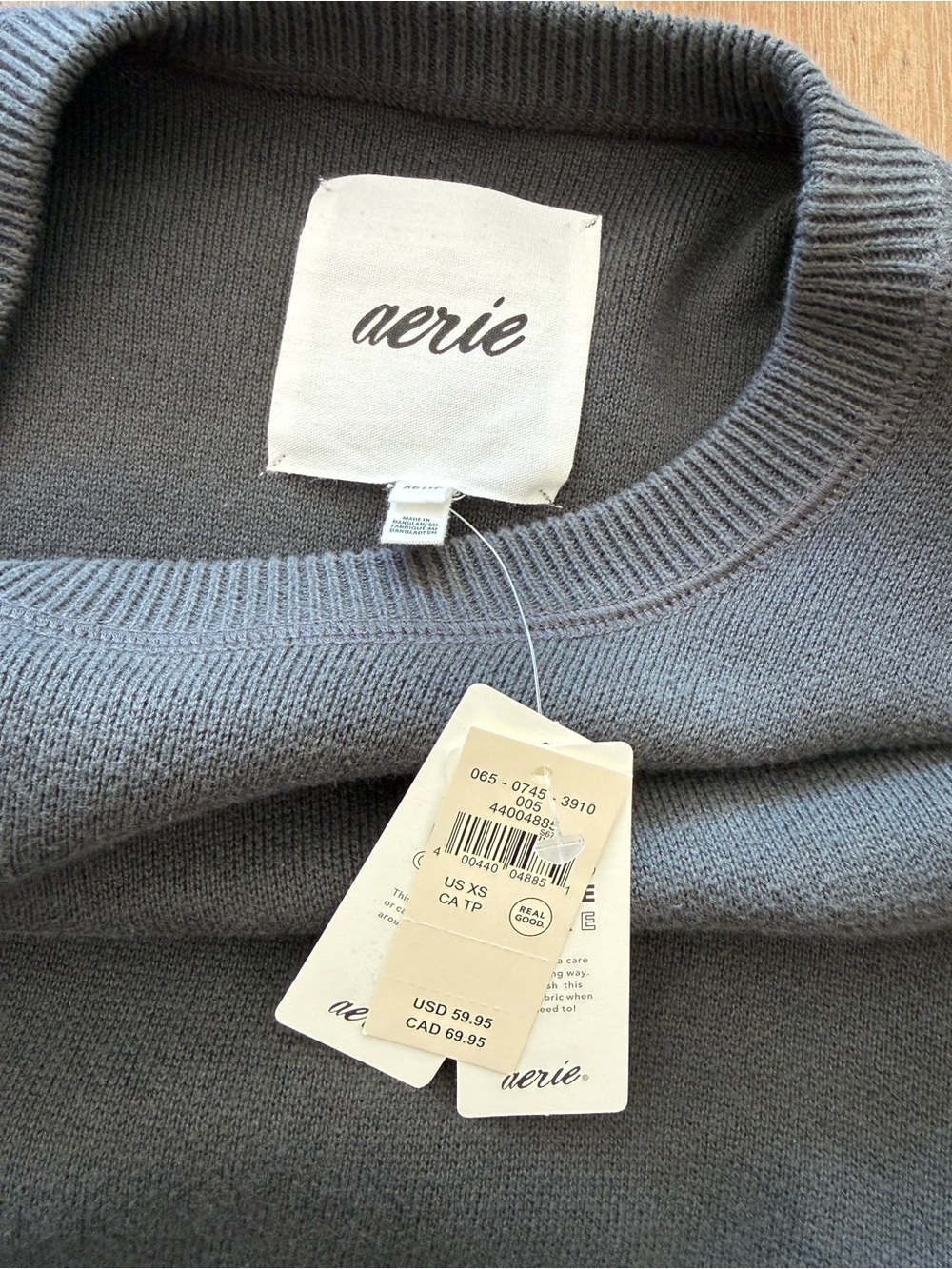 aerie Gray Ribbed Crewneck Sweater